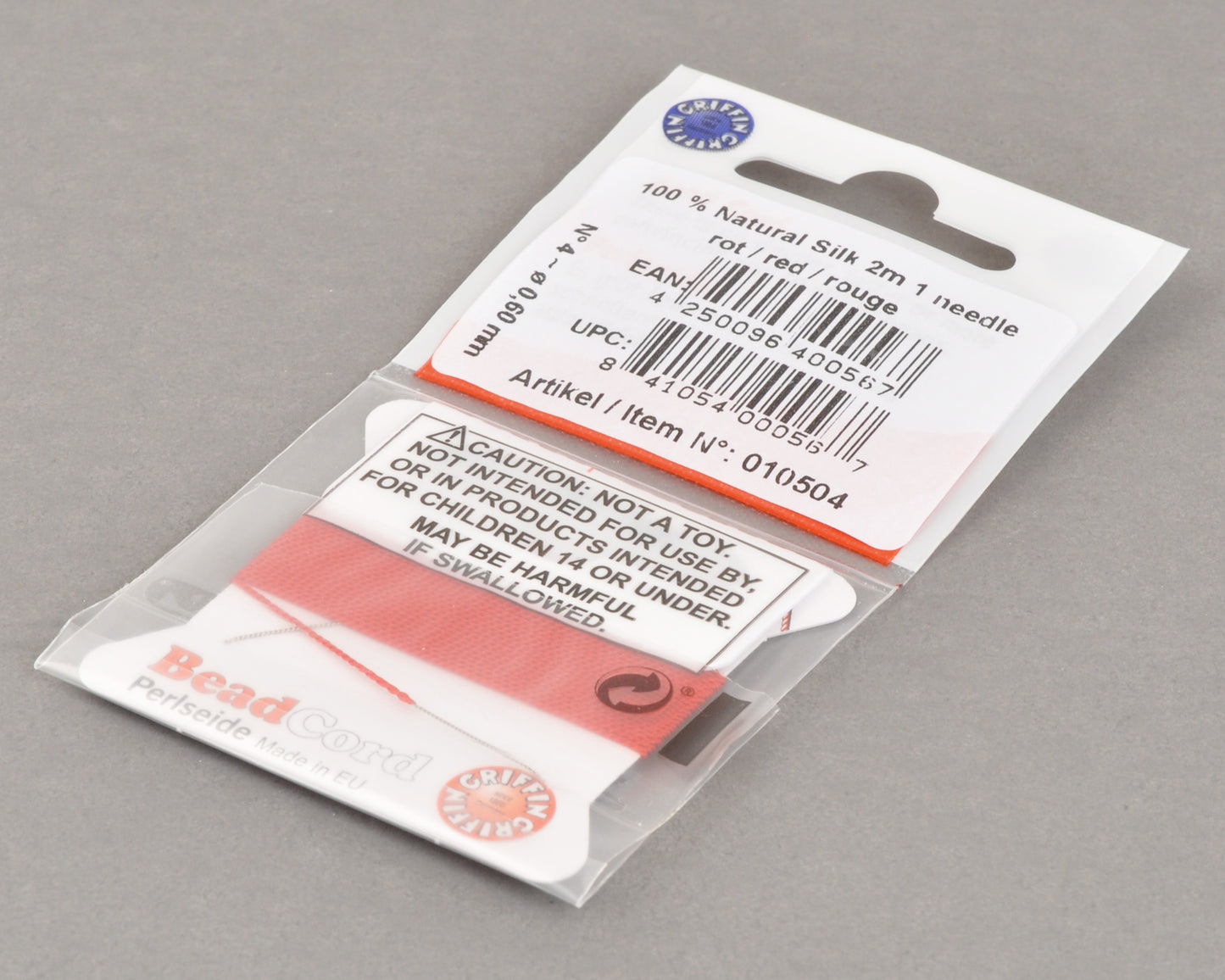 Griffin natural silk bead cord size 4 red with attached twisted needle 2 meter card