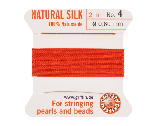 Griffin natural silk bead cord size 4 red with attached twisted needle 2 meter card
