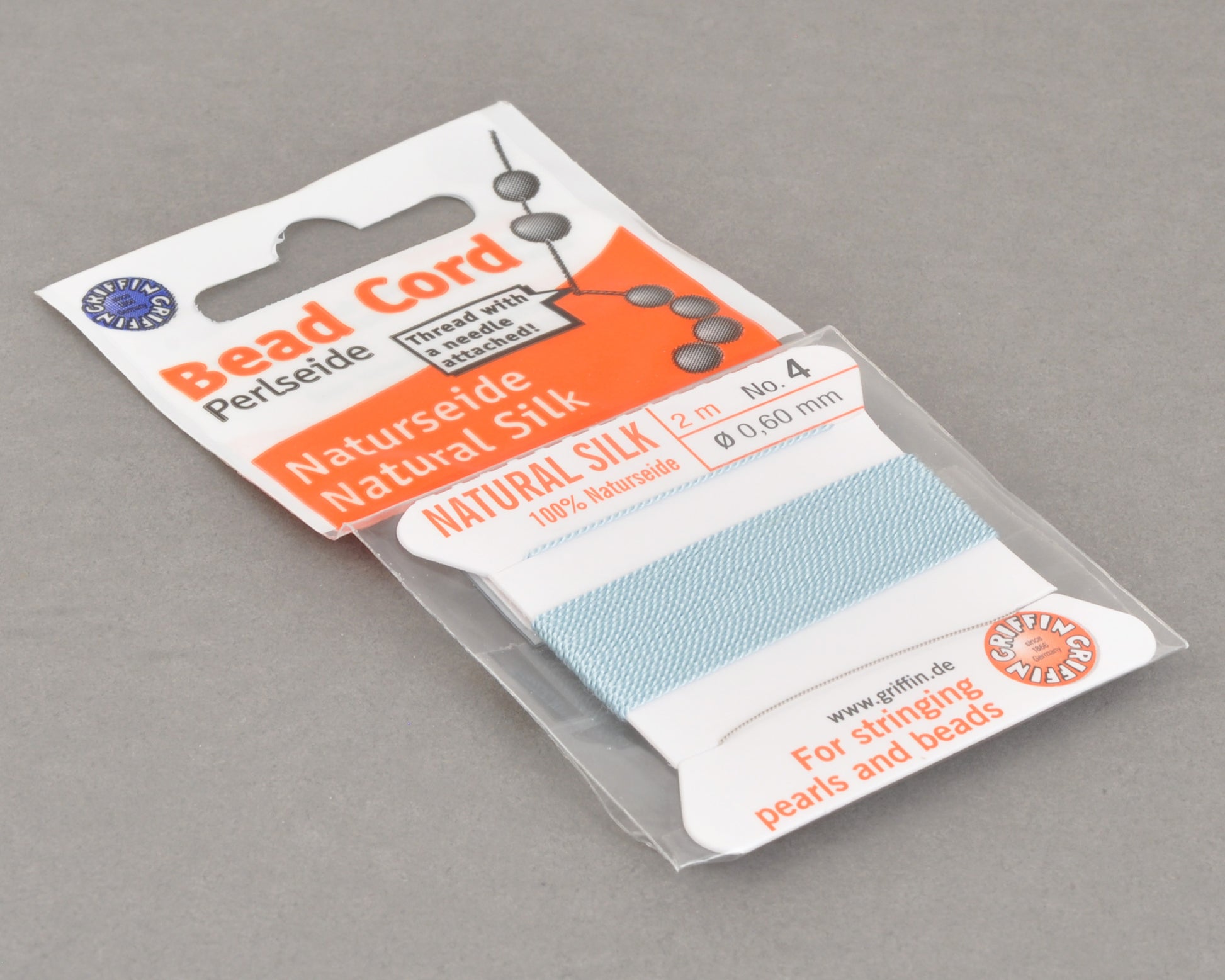 Griffin natural silk bead cord size 4 turquoise with attached twisted needle 2 meter card