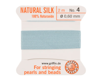 Griffin natural silk bead cord size 4 turquoise with attached twisted needle 2 meter card