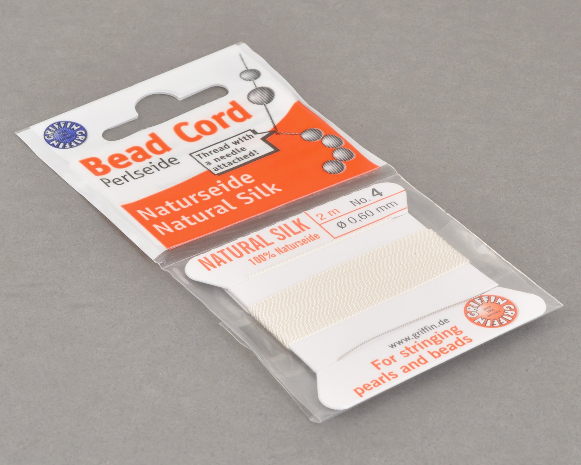 Griffin natural silk bead cord size 4 white with attached twisted needle 2 meter card