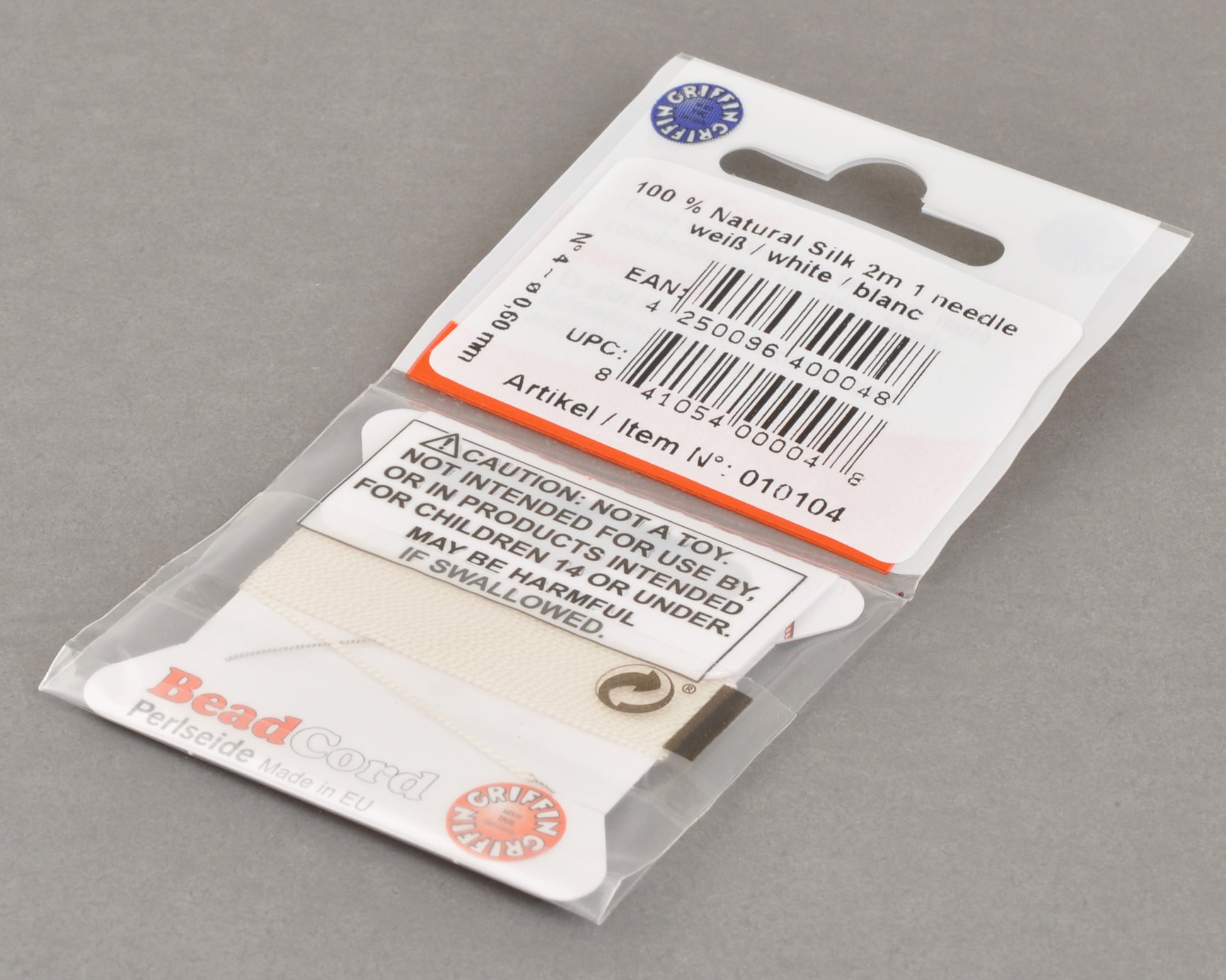 Griffin natural silk bead cord size 4 white with attached twisted needle 2 meter card