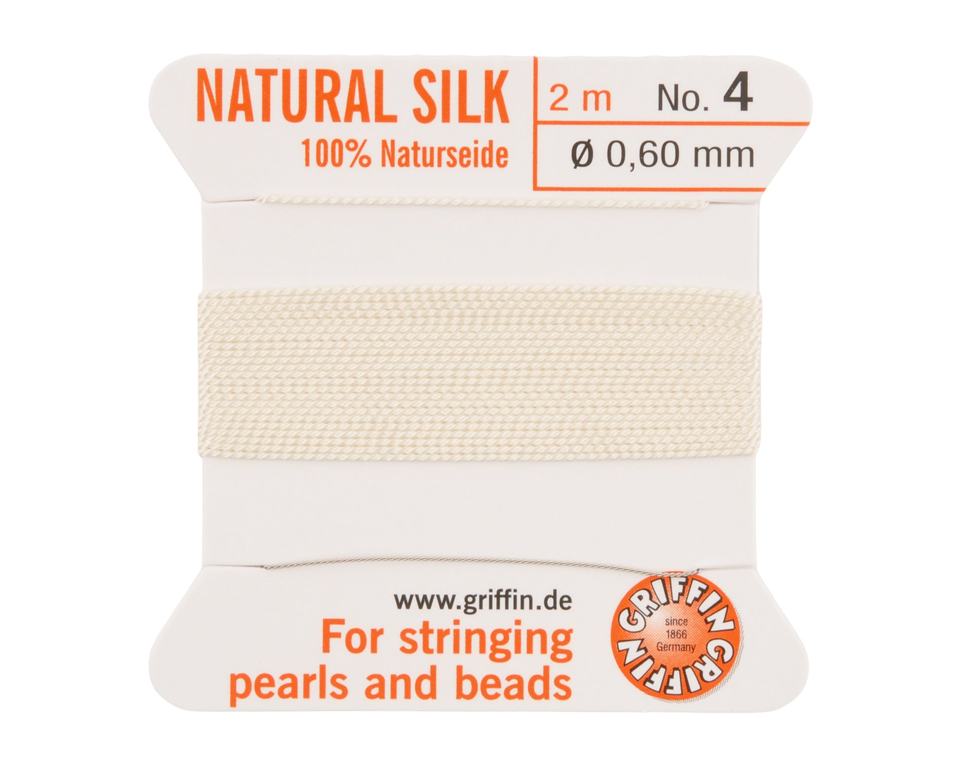 Griffin natural silk bead cord size 4 white with attached twisted needle 2 meter card