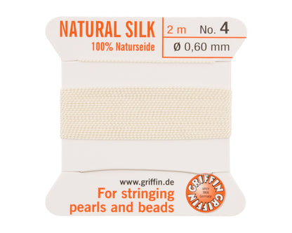 Griffin natural silk bead cord size 4 white with attached twisted needle 2 meter card