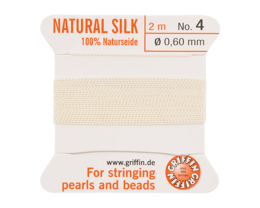 Griffin natural silk bead cord size 4 white with attached twisted needle 2 meter card