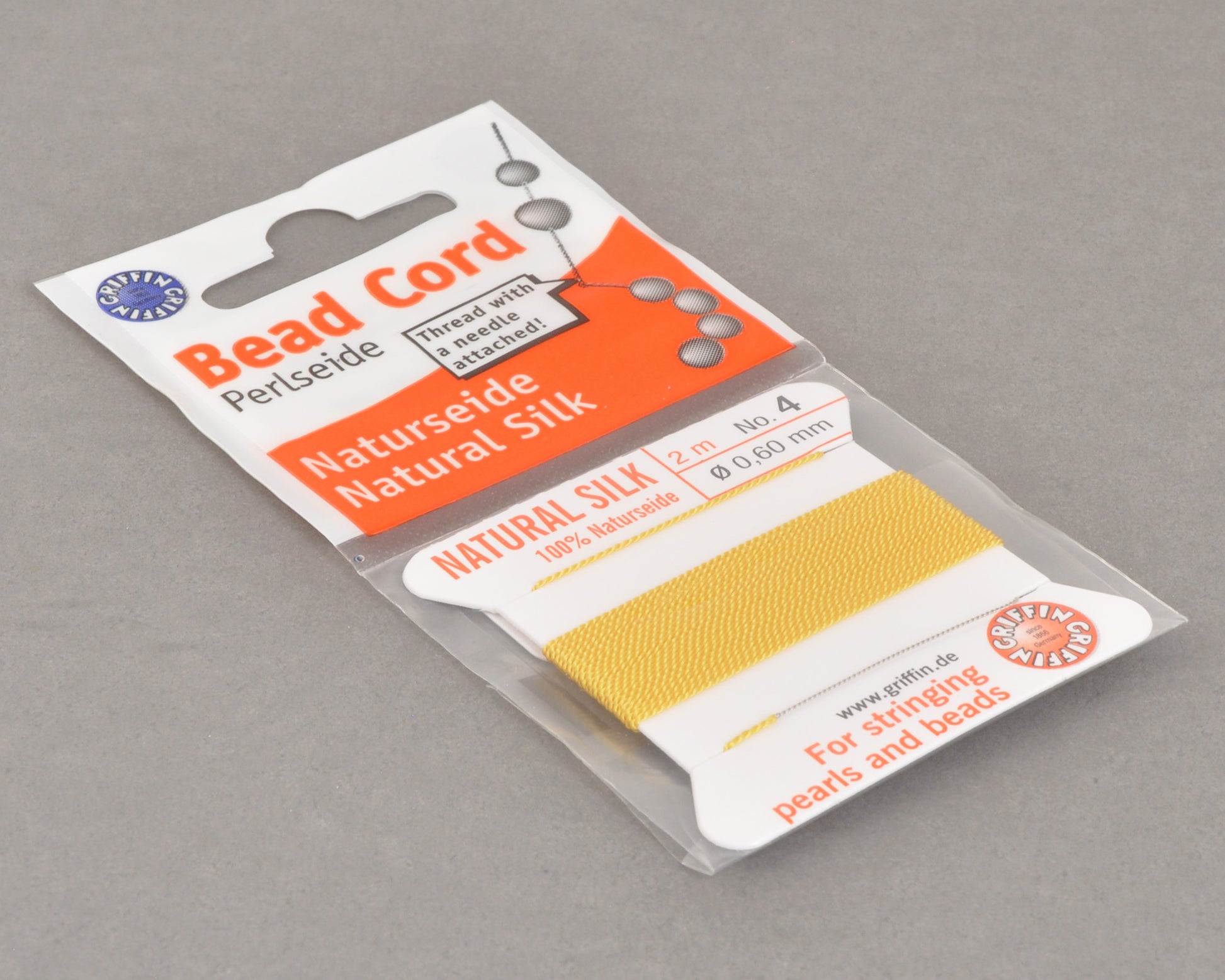 Griffin natural silk bead cord size 4 yellow with attached twisted needle 2 meter card
