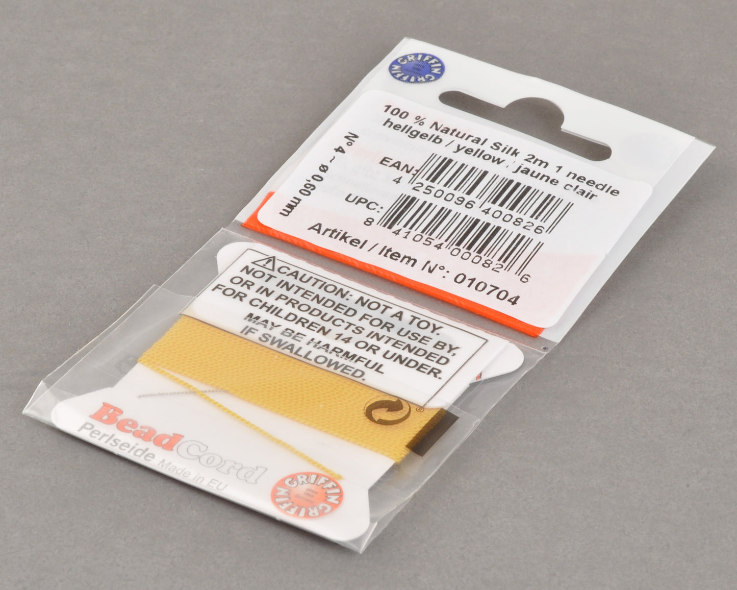 Griffin natural silk bead cord size 4 yellow with attached twisted needle 2 meter card