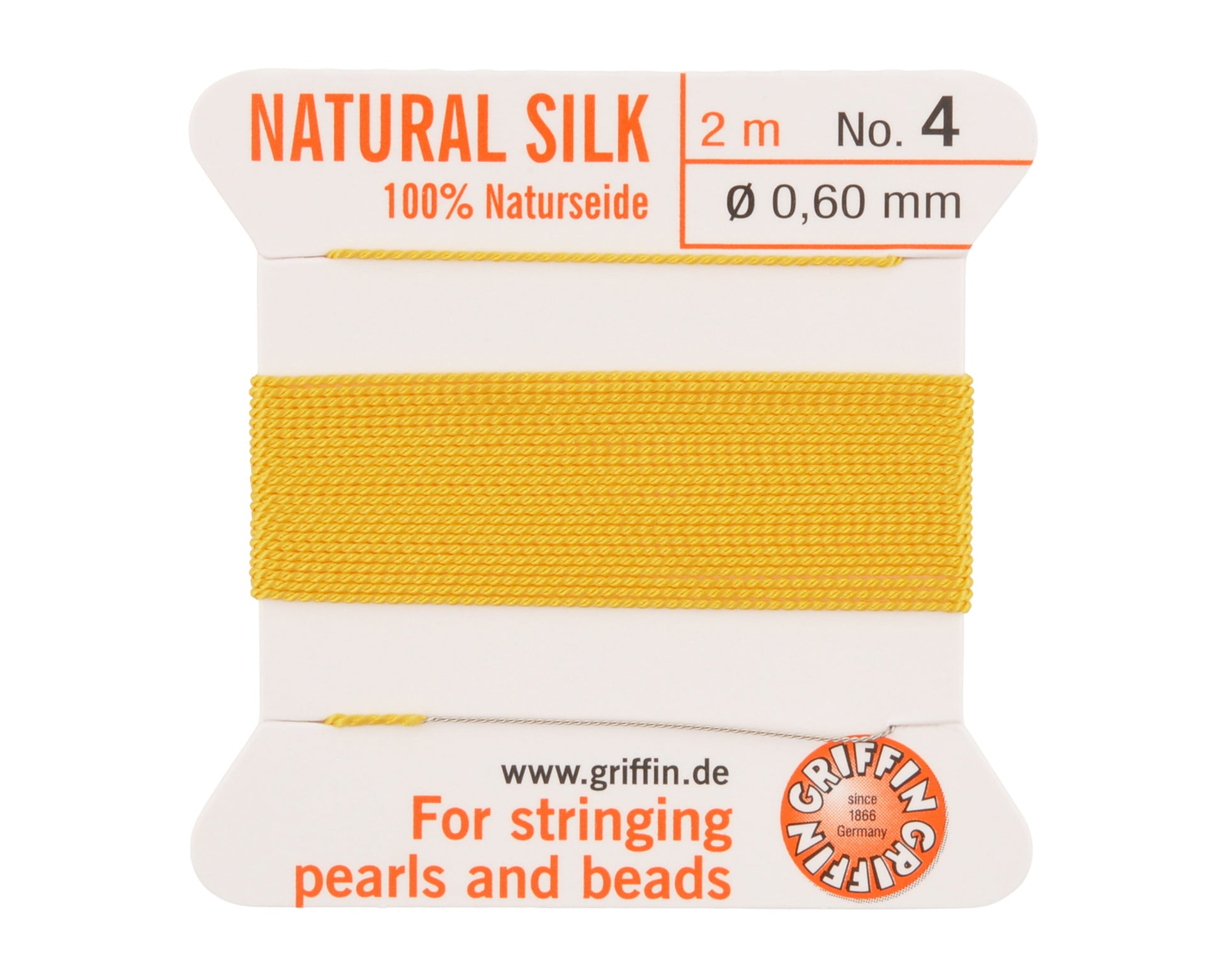 Griffin natural silk bead cord size 4 yellow with attached twisted needle 2 meter card
