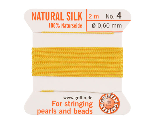 Griffin natural silk bead cord size 4 yellow with attached twisted needle 2 meter card