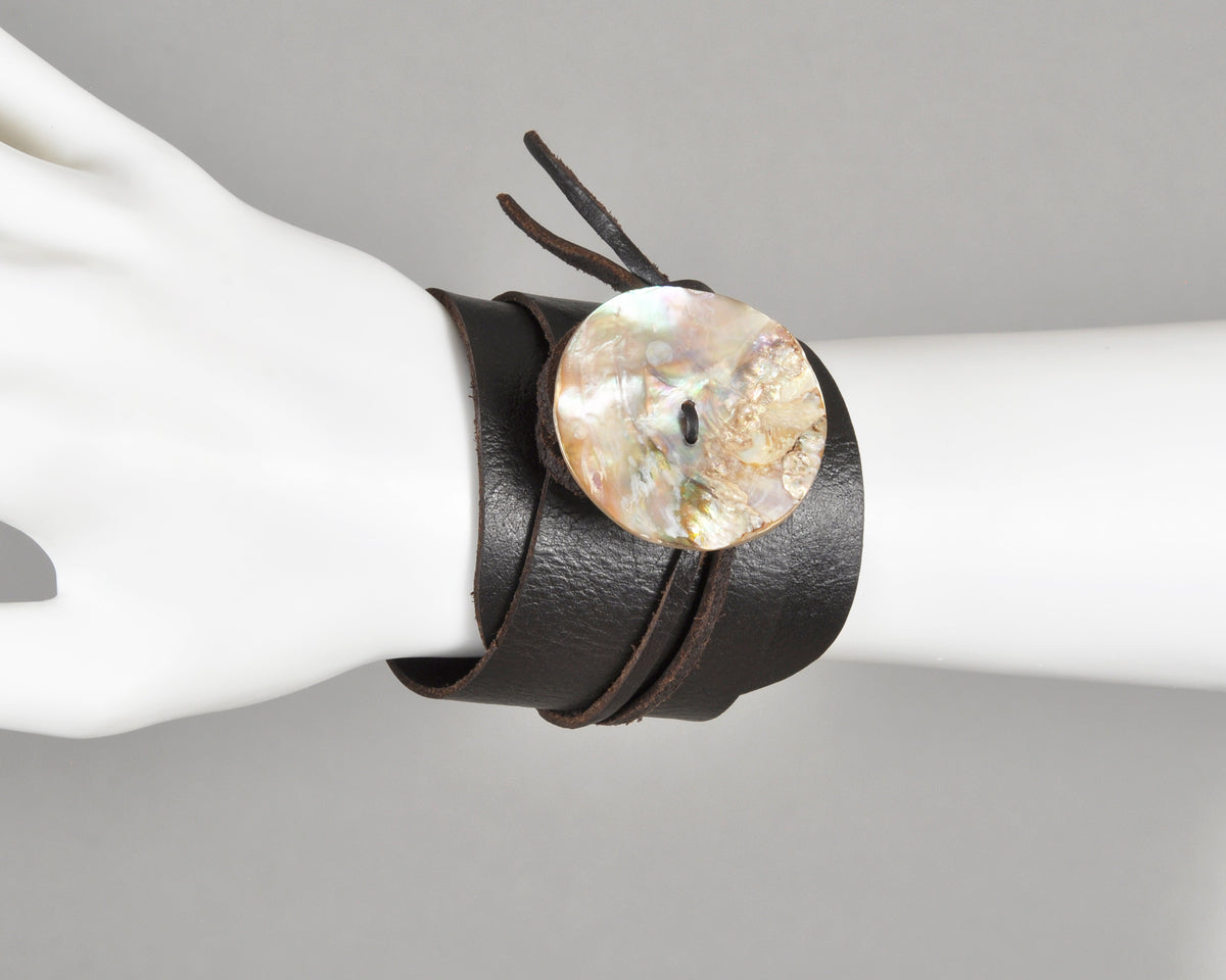 Handmade Leather Wrap Bracelet with Paua Shell Button-Adjustable Rustic Boho Bracelet-Unisex Natural Jewelry Gift Tamara Scott Designs