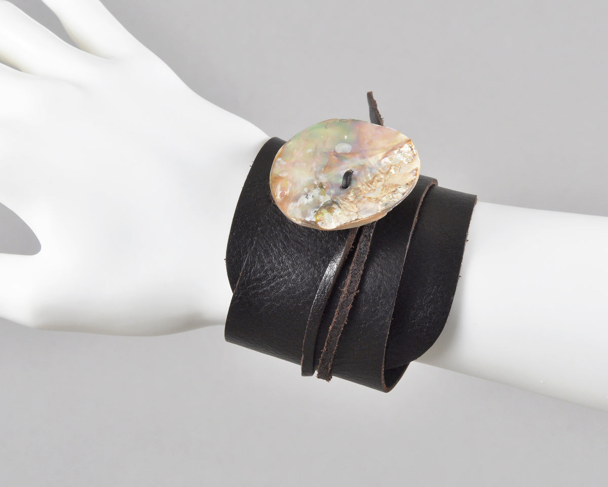Handmade Leather Wrap Bracelet with Paua Shell Button-Adjustable Rustic Boho Bracelet-Unisex Natural Jewelry Gift Tamara Scott Designs
