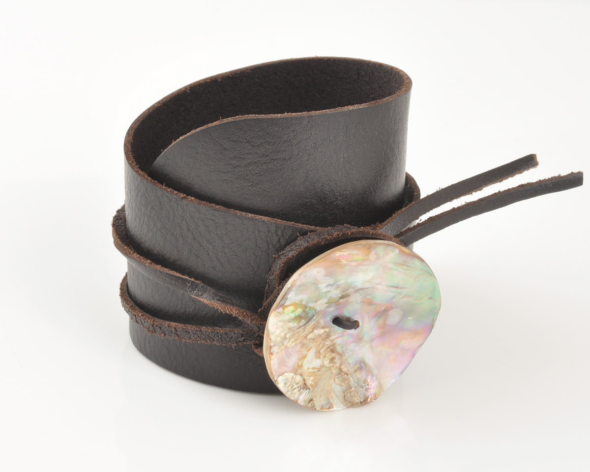 Handmade Leather Wrap Bracelet with Paua Shell Button-Adjustable Rustic Boho Bracelet-Unisex Natural Jewelry Gift Tamara Scott Designs