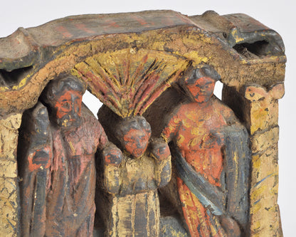 Antique Folk Art Holy Family Carved Wood Relief, Polychrome Religious Panel, Mary Joseph Jesus, Mexican Spanish Colonial Style