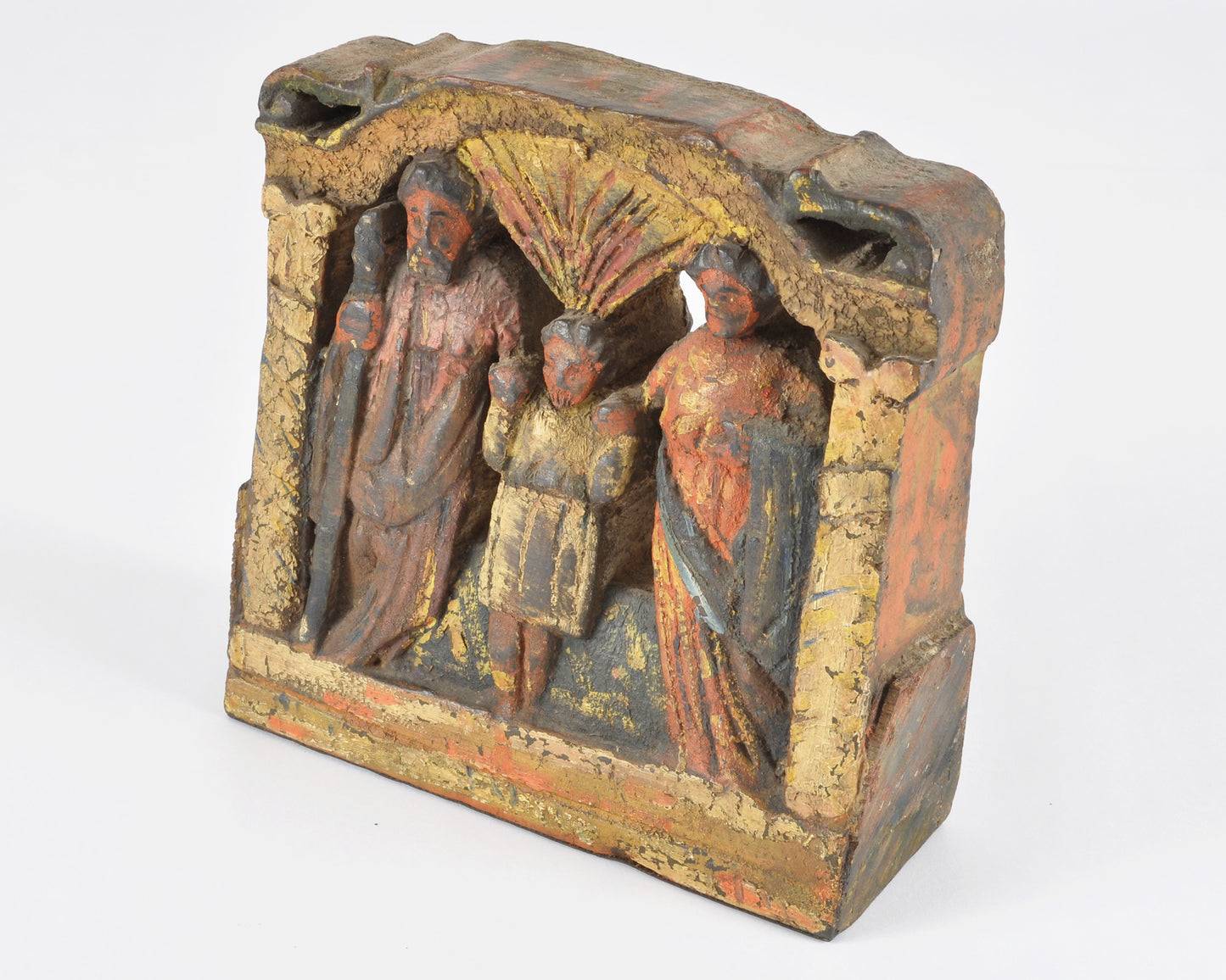 Antique Folk Art Holy Family Carved Wood Relief, Polychrome Religious Panel, Mary Joseph Jesus, Mexican Spanish Colonial Style