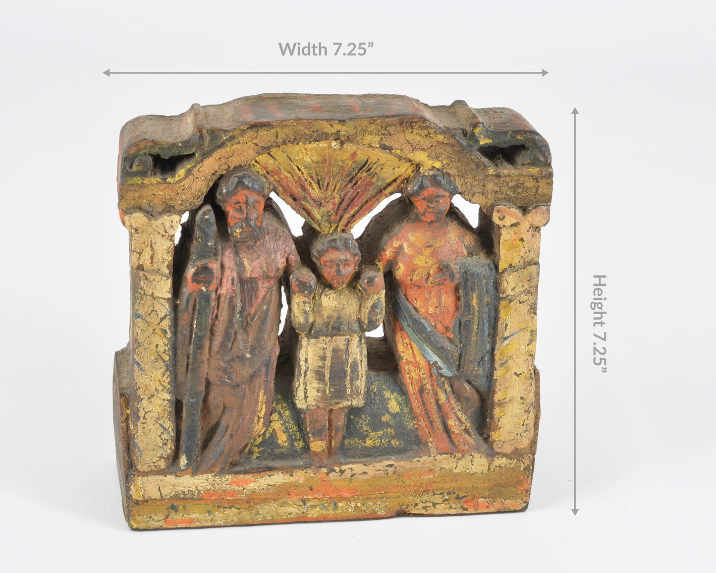 Antique Folk Art Holy Family Carved Wood Relief, Polychrome Religious Panel, Mary Joseph Jesus, Mexican Spanish Colonial Style