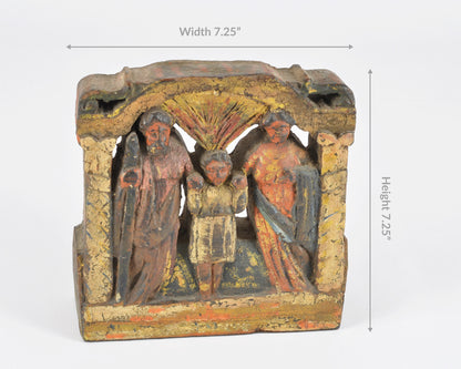 Antique Folk Art Holy Family Carved Wood Relief, Polychrome Religious Panel, Mary Joseph Jesus, Mexican Spanish Colonial Style