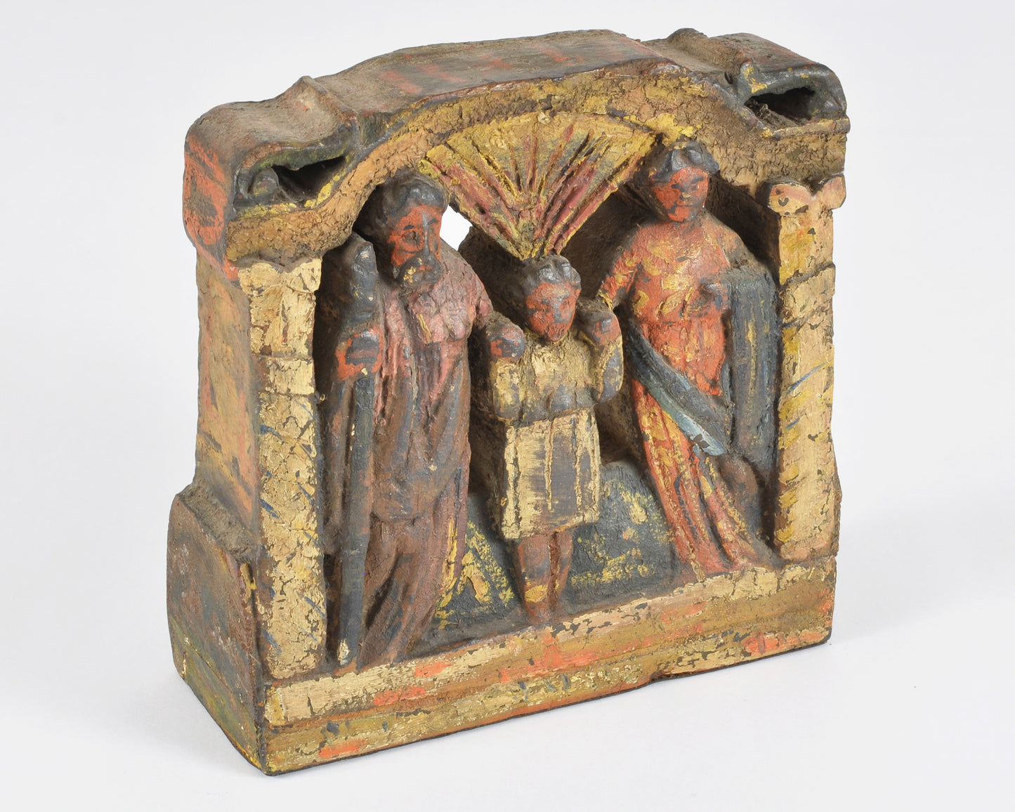 Antique Folk Art Holy Family Carved Wood Relief, Polychrome Religious Panel, Mary Joseph Jesus, Mexican Spanish Colonial Style