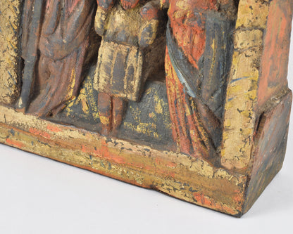 Antique Folk Art Holy Family Carved Wood Relief, Polychrome Religious Panel, Mary Joseph Jesus, Mexican Spanish Colonial Style