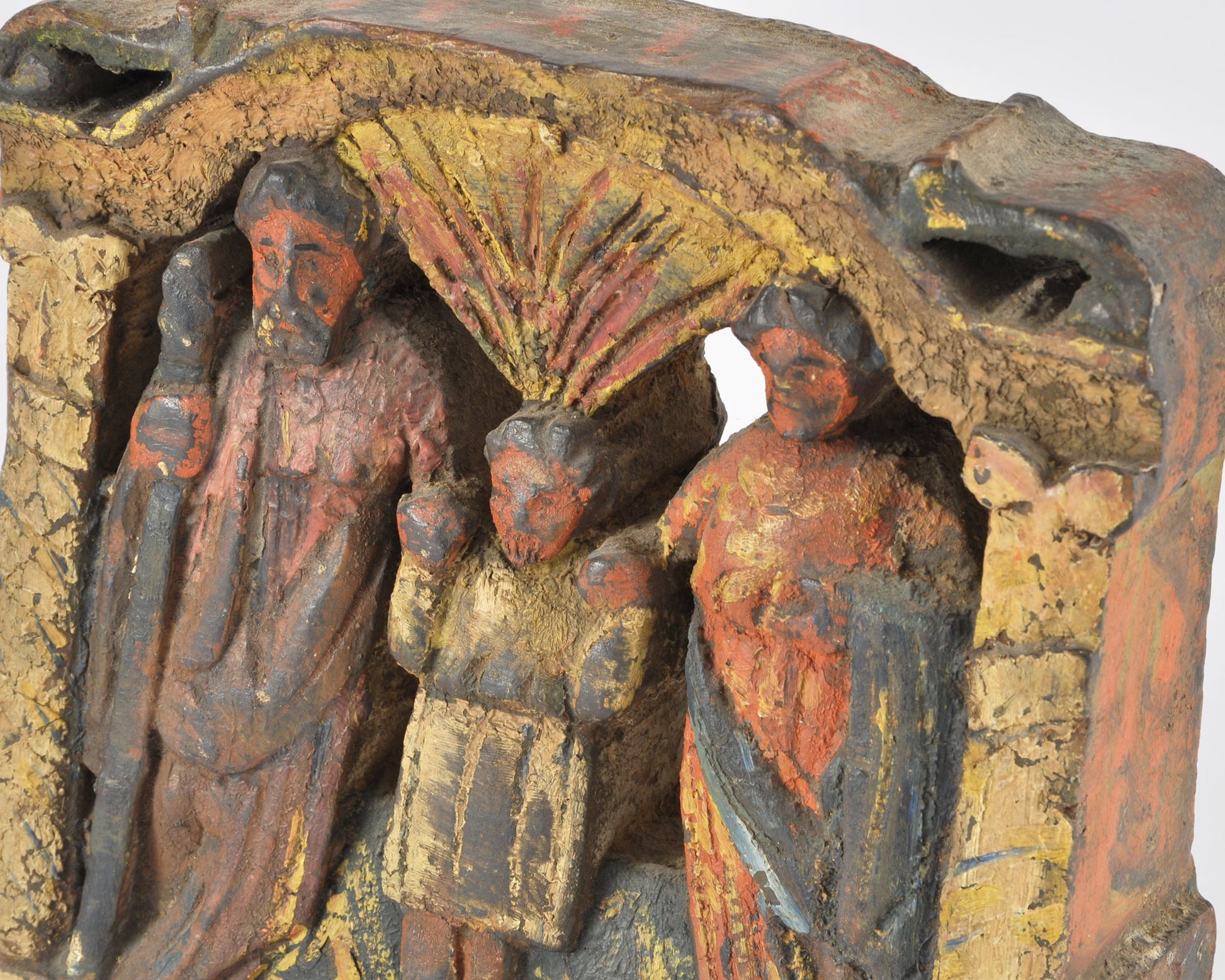 Antique Folk Art Holy Family Carved Wood Relief, Polychrome Religious Panel, Mary Joseph Jesus, Mexican Spanish Colonial Style