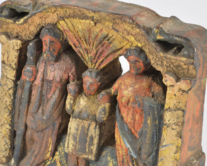 Antique Folk Art Holy Family Carved Wood Relief, Polychrome Religious Panel, Mary Joseph Jesus, Mexican Spanish Colonial Style
