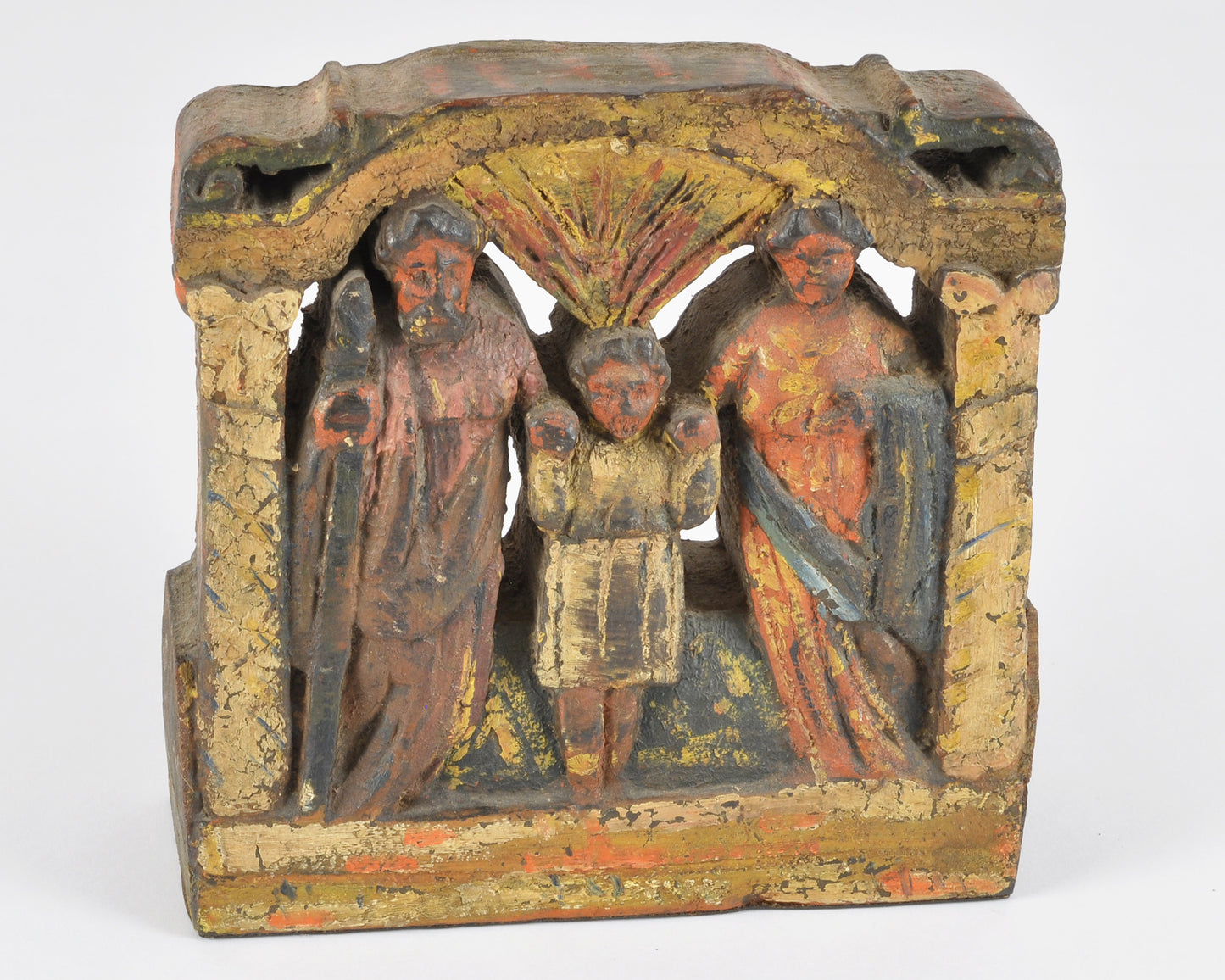 Antique Folk Art Holy Family Carved Wood Relief, Polychrome Religious Panel, Mary Joseph Jesus, Mexican Spanish Colonial Style