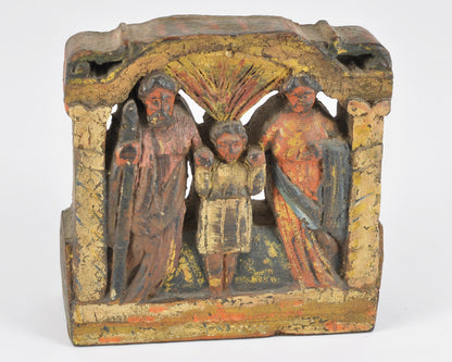 Antique Folk Art Holy Family Carved Wood Relief, Polychrome Religious Panel, Mary Joseph Jesus, Mexican Spanish Colonial Style