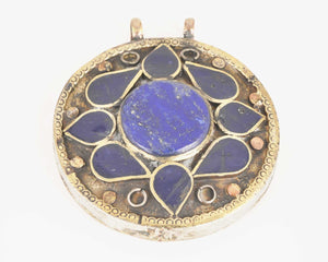 Vintage Pendants-Round Lapis Lazuli-Inlaid Afghani Silver
