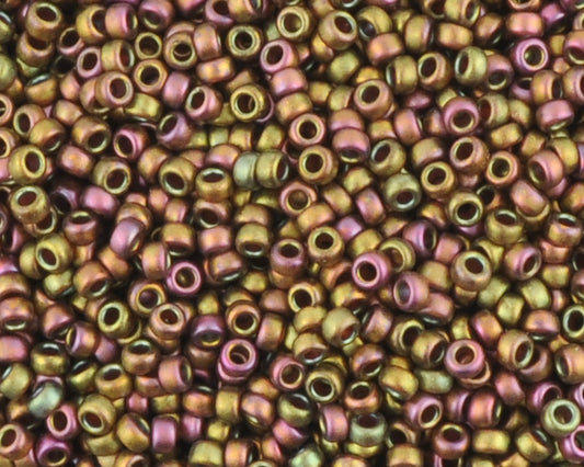 Miyuki 15/0 round seed beads in 2035 matte metallic khaki iris, 7 gram tube
