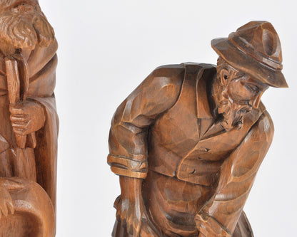 Vintage Oberammergau German Hand Carved Wood Figurines Pair - Bavarian Folk Art-RARE FIND