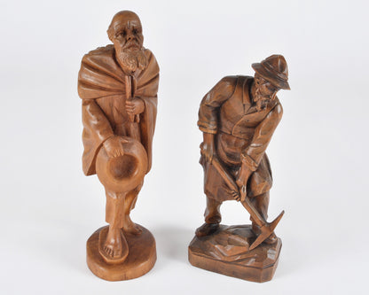 Vintage Oberammergau German Hand Carved Wood Figurines Pair - Bavarian Folk Art-RARE FIND