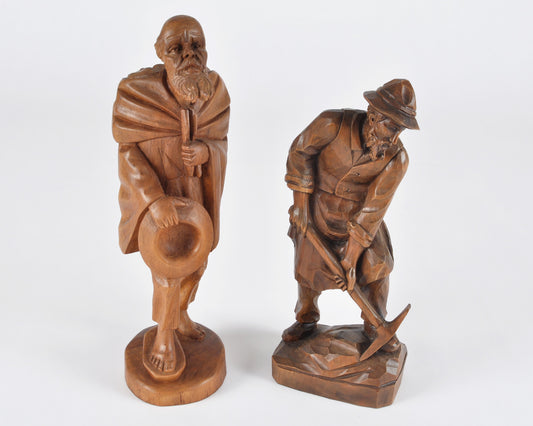 Vintage Oberammergau German Hand Carved Wood Figurines Pair - Bavarian Folk Art-RARE FIND