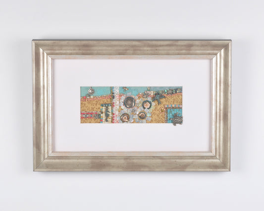 Original Mixed Media Art Custom Framed-Summer-Ornate Silver Wood Framed Vintage Beadwork Art-Tamara Scott-Bead Embroidery Art Tamara Scott Designs