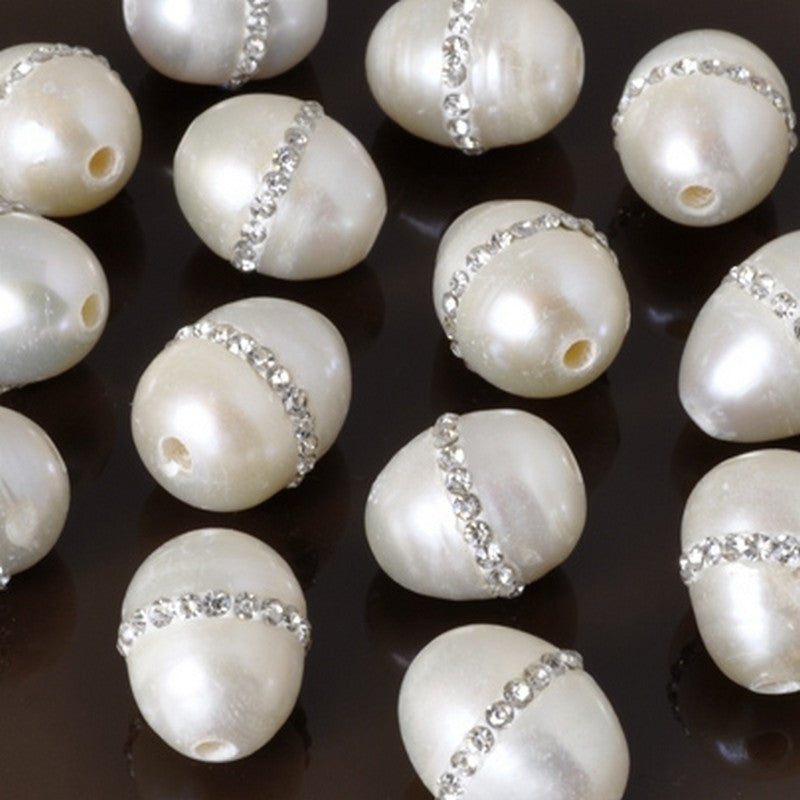 Large Hole Freshwater Pearl-White with Crystals-10x12mm-Quantity 1