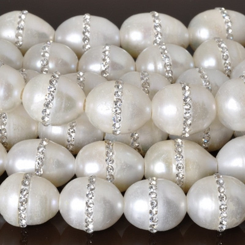 Large Hole Freshwater Pearl-White with Crystals-10x12mm-Quantity 1