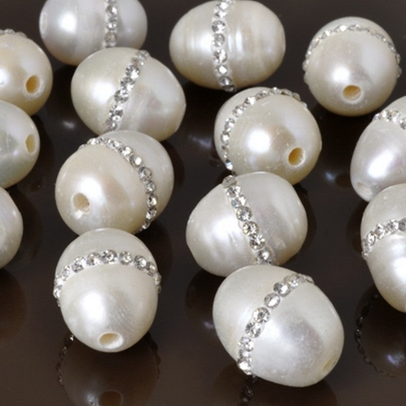 Large Hole Freshwater Pearl-White with Crystals-10x12mm-Quantity 1