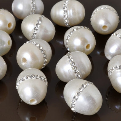 Large Hole Freshwater Pearl-White with Crystals-10x12mm-Quantity 1