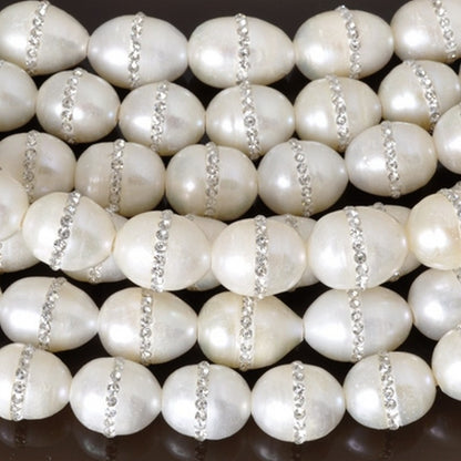 Large Hole Freshwater Pearl-White with Crystals-10x12mm-Quantity 1