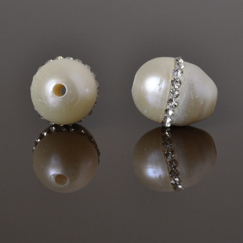 Large Hole Freshwater Pearl-White with Crystals-10x12mm-Quantity 1