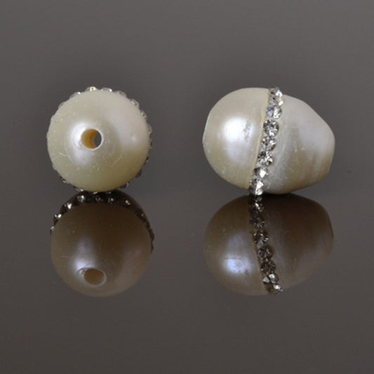 Large Hole Freshwater Pearl-White with Crystals-10x12mm-Quantity 1