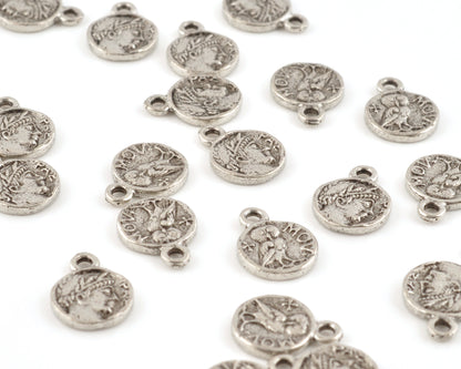 antique silver roman coin owl charm double sided pewter jewelry pendant