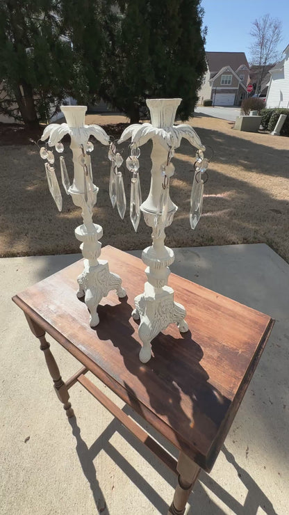 Vintage Cottage Chic White Pair of Candle Stick Holders-Metal With Crystals