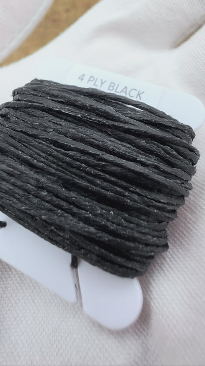 4-ply waxed Irish linen cord in black, 0.7mm thick, 10 yard spool for jewelry making