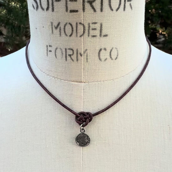 Finished Jewelry-Endless Knot Antique Brown Leather Necklace with Small Roman Coin-Antique Silver-Adjustable-15-18 Inches Tamara Scott Designs