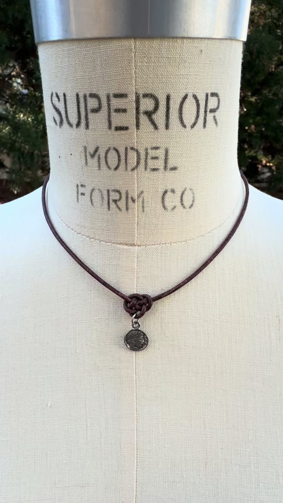 Finished Jewelry-Endless Knot Antique Brown Leather Necklace with Small Roman Coin-Antique Silver-Adjustable-15-18 Inches Tamara Scott Designs