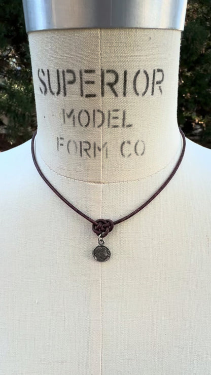 Finished Jewelry-Endless Knot Antique Brown Leather Necklace with Small Roman Coin-Antique Silver-Adjustable-15-18 Inches Tamara Scott Designs