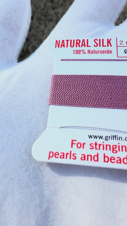 Griffin natural silk bead cord size 4 dark pink with attached twisted needle 2 meter card