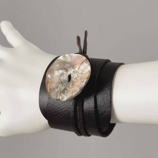 Handmade Leather Wrap Bracelet with Paua Shell Button-Adjustable Rustic Boho Bracelet-Unisex Natural Jewelry Gift Tamara Scott Designs