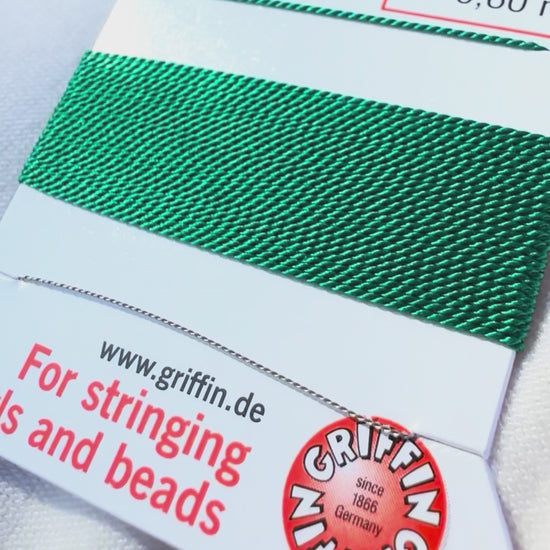 Griffin natural silk bead cord size 4 green with attached twisted needle 2 meter card