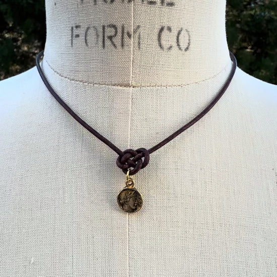 Finished Jewelry-Endless Knot Antique Brown Leather Necklace with Small Roman Coin-Antique Gold-Adjustable-15-18 Inches Tamara Scott Designs