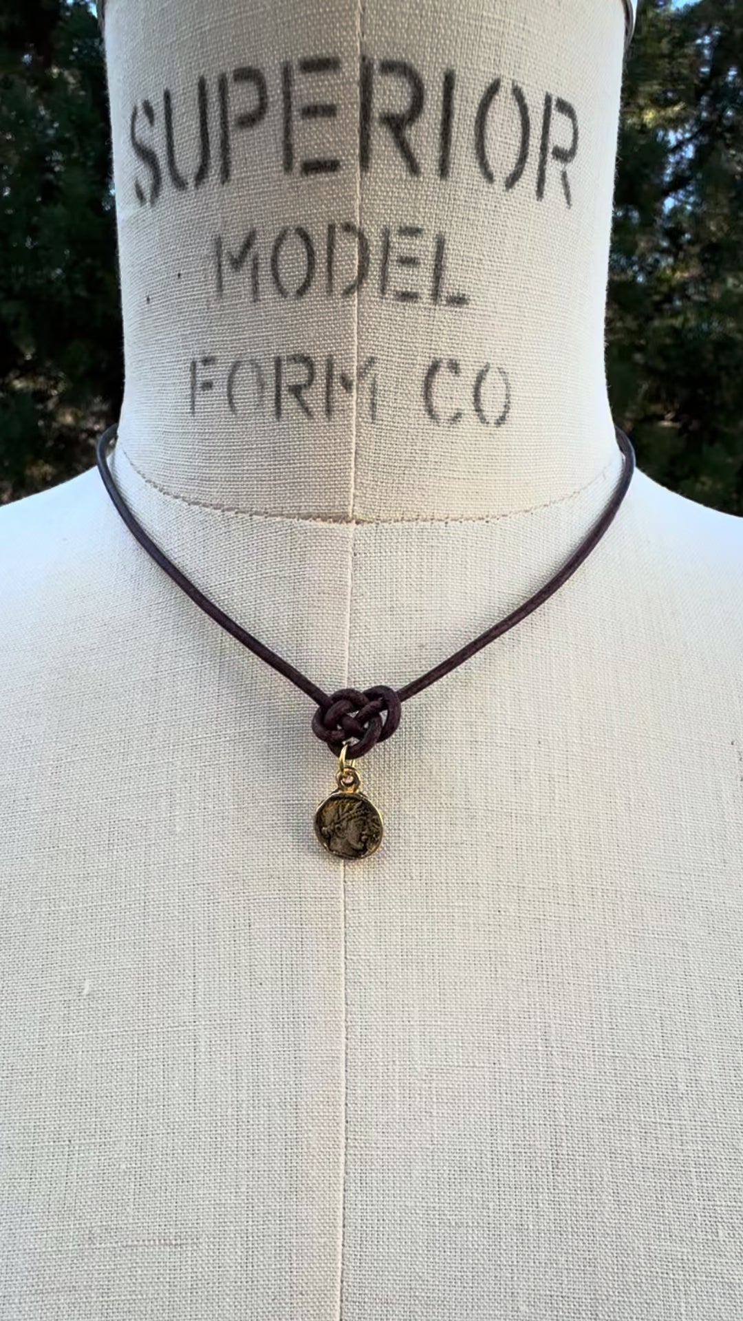 Finished Jewelry-Endless Knot Antique Brown Leather Necklace with Small Roman Coin-Antique Gold-Adjustable-15-18 Inches Tamara Scott Designs
